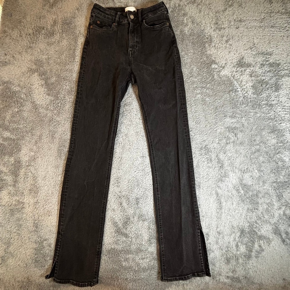 HM High Waisted Straight Leg Jeans Washed Black Side Slit Hem Size 6